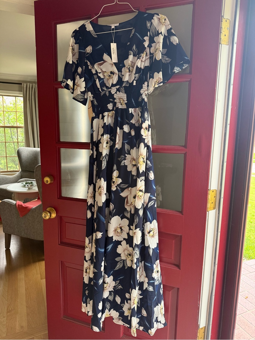 Navy Floral Maxi Dress with Smocked Waist
